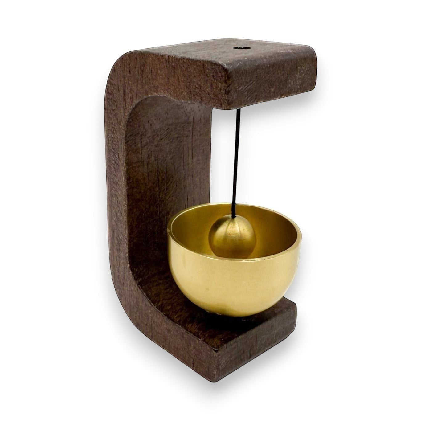 Mellow Monkey 3-inch magnetic door chime featuring a dark wood frame and a gold-toned metal bell.