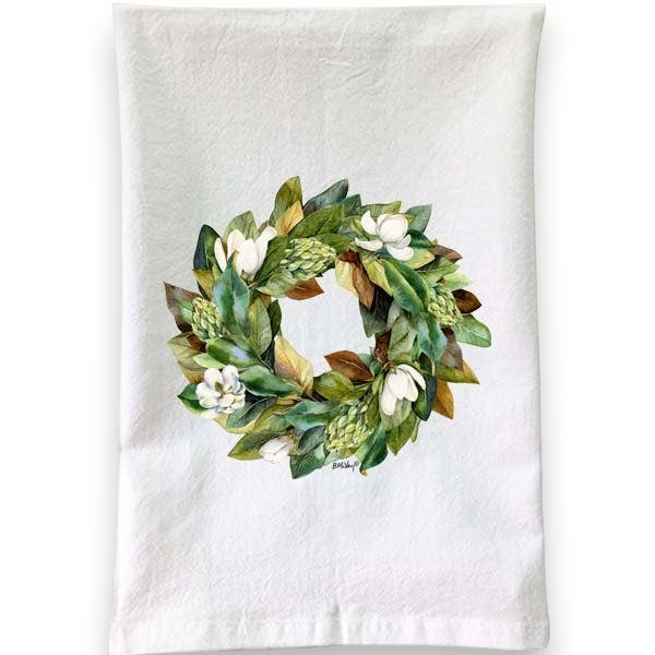 Mellow Monkey white cotton flour sack towel featuring a detailed watercolor magnolia wreath print.