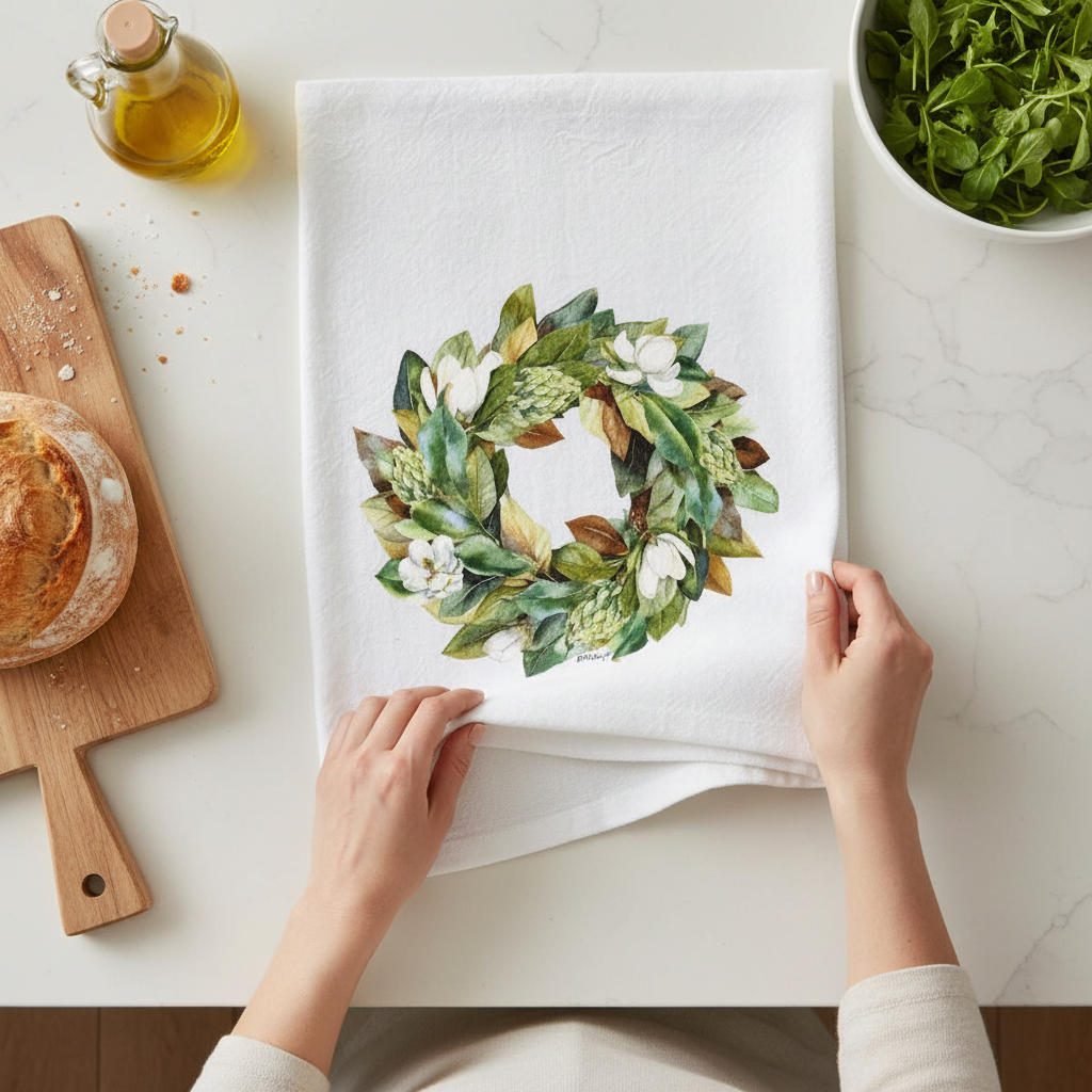 Mellow Monkey white cotton flour sack towel featuring a watercolor magnolia wreath design on a kitchen counter.