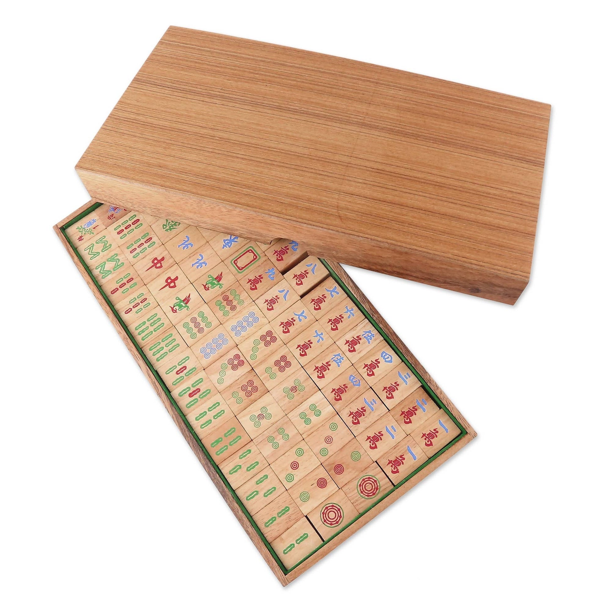Mellow Monkey Mah Jongg rainwood tile game with 144 hand-painted tiles and wooden box.