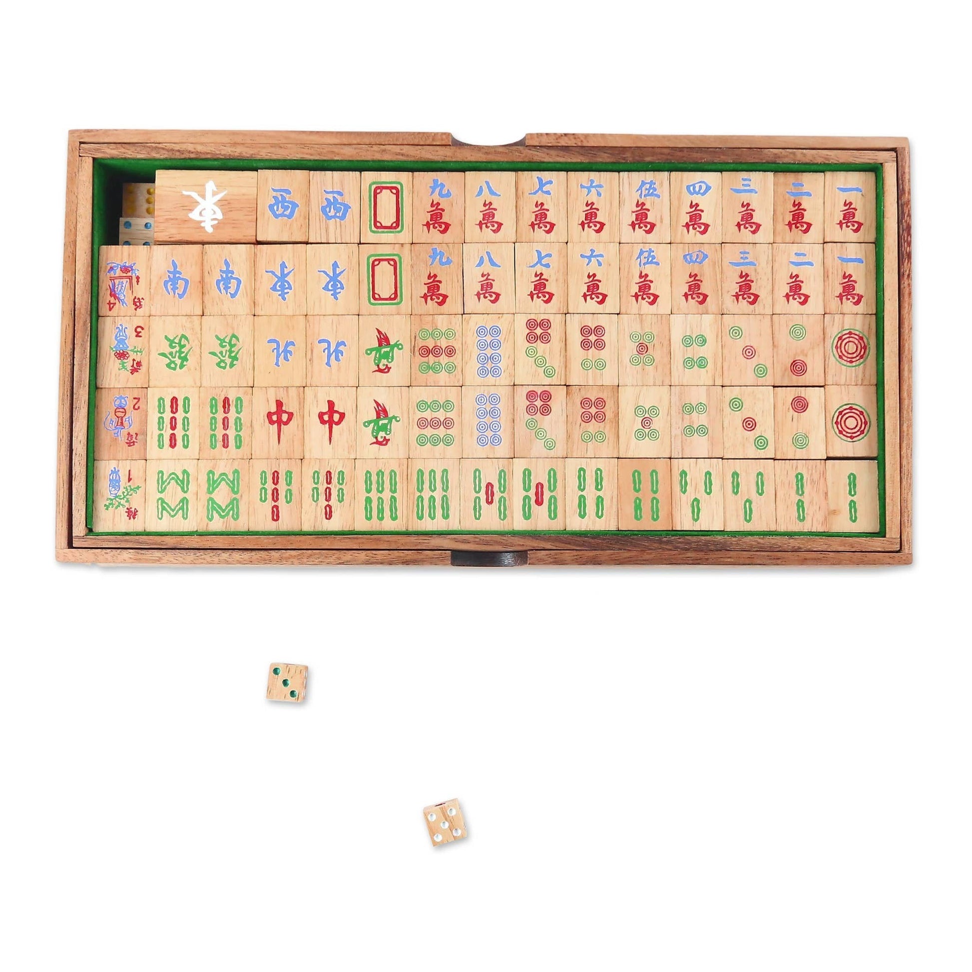 Mellow Monkey Mah Jongg rainwood tile game with 144 intricately painted tiles and two dice. Handcrafted in Thailand.