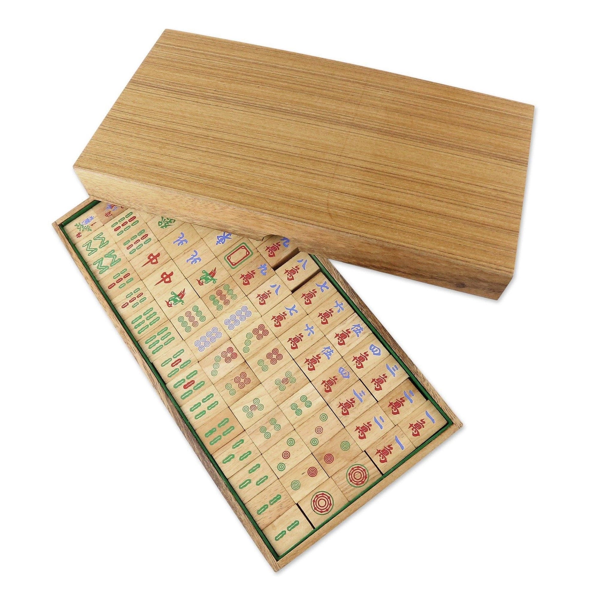 Mellow Monkey NOVICA Mah Jongg Rainwood Tile Game, handcrafted from raintree wood with painted Chinese symbols.