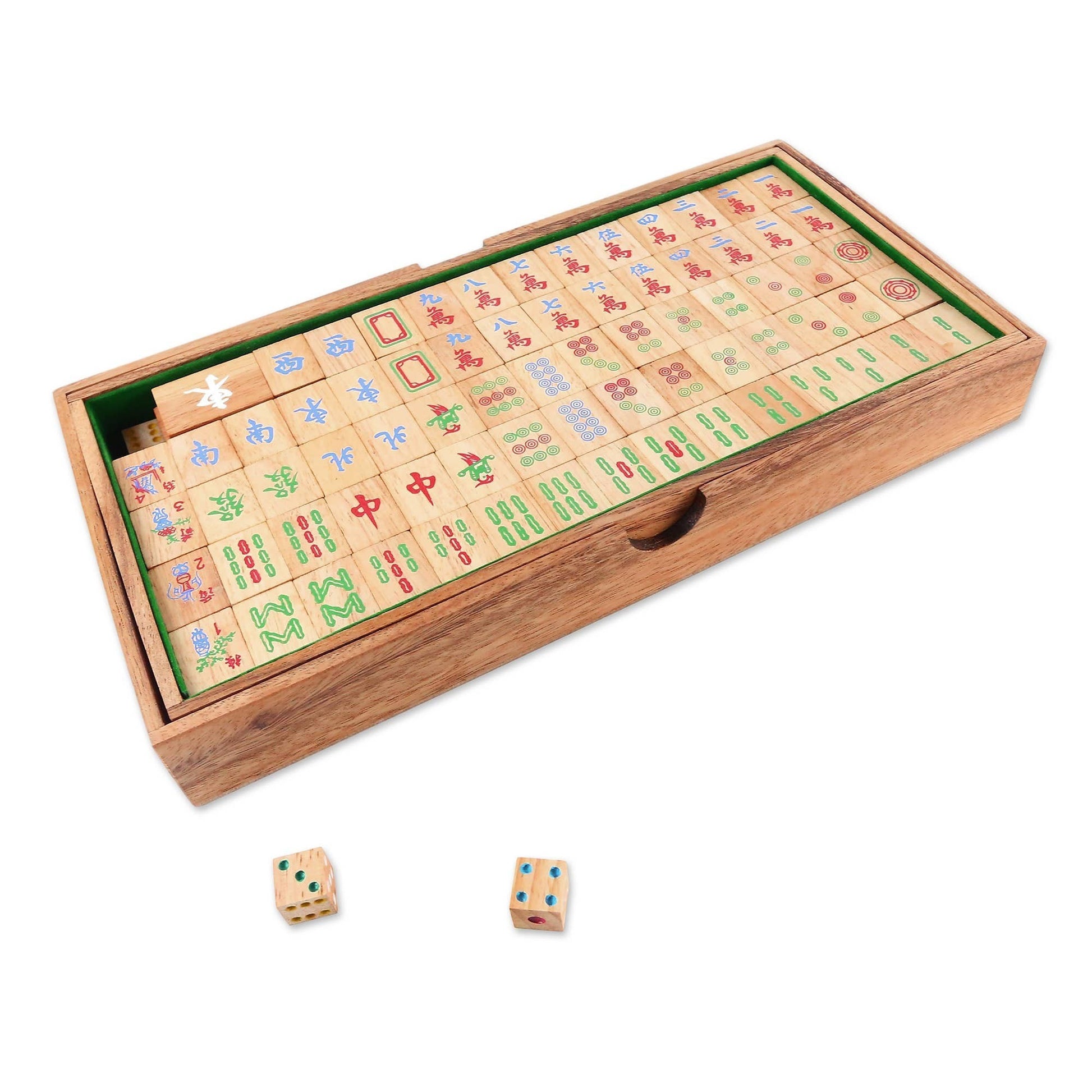 Mellow Monkey Mah Jongg rainwood tile game with 144 intricately painted tiles and two dice. Features Chinese symbols.