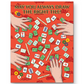 Mellow Monkey Mahjong birthday card with red background, green tiles, and hands playing a game of Mahjong.