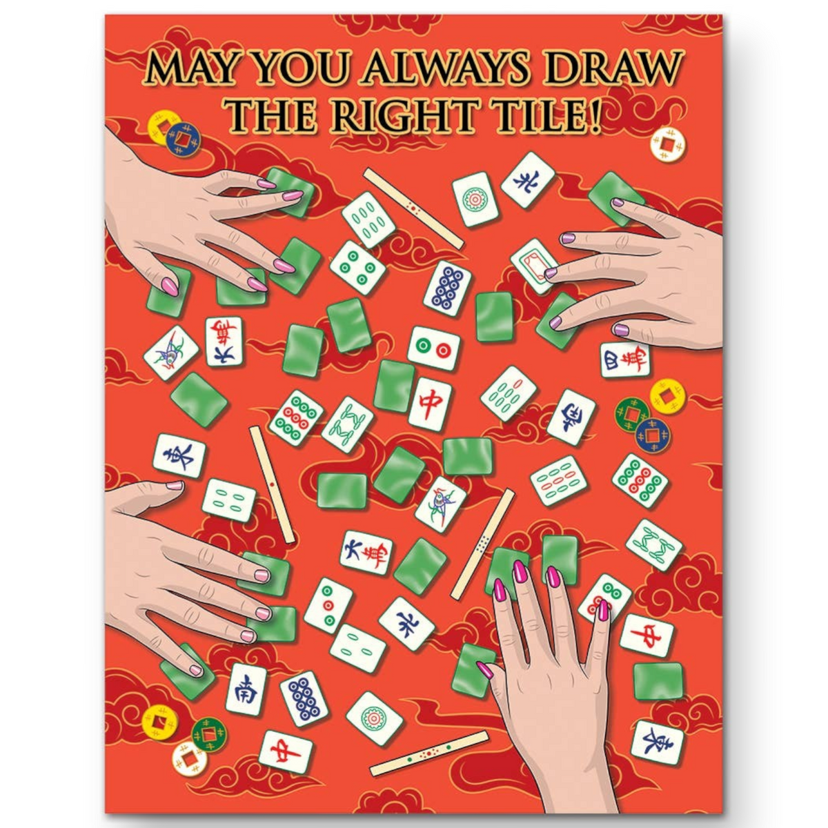 Mellow Monkey Mahjong birthday card with red background, green tiles, and hands playing a game of Mahjong.