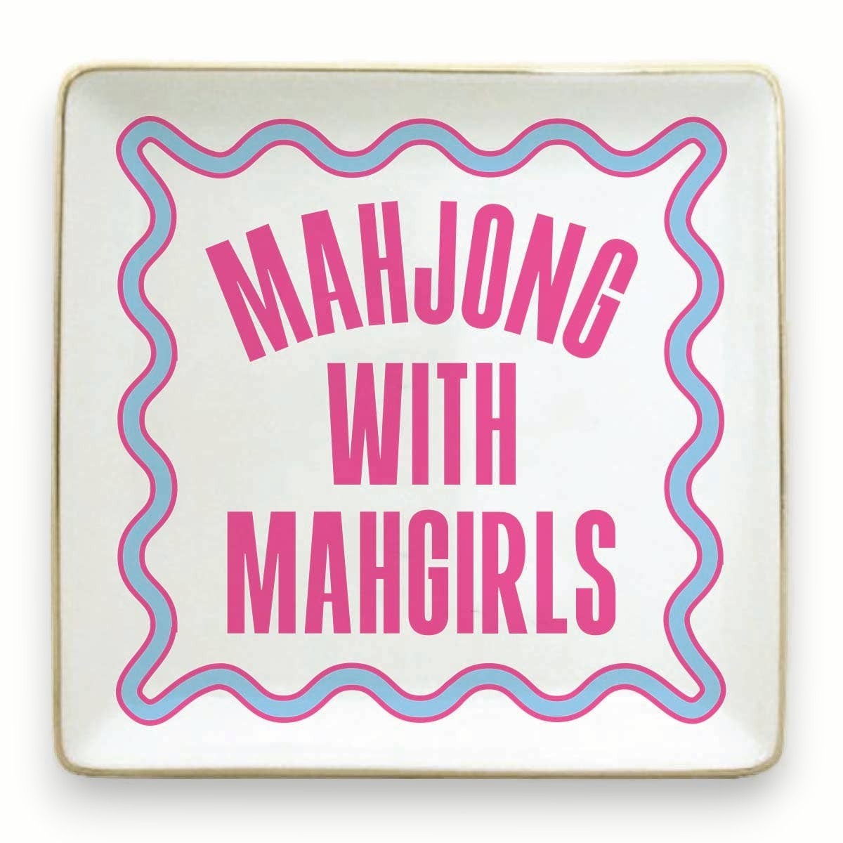 Mellow Monkey square ceramic trinket tray with Mahjong with Mahgirls text in pink and blue with gold foil trim.