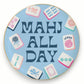 Mellow Monkey ceramic Mahjong trinket tray in light blue with Mahj All Day text and gold foil rim detail.