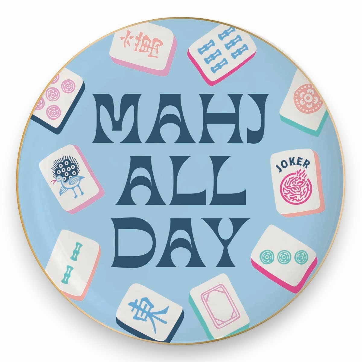 Mellow Monkey ceramic Mahjong trinket tray in light blue with Mahj All Day text and gold foil rim detail.