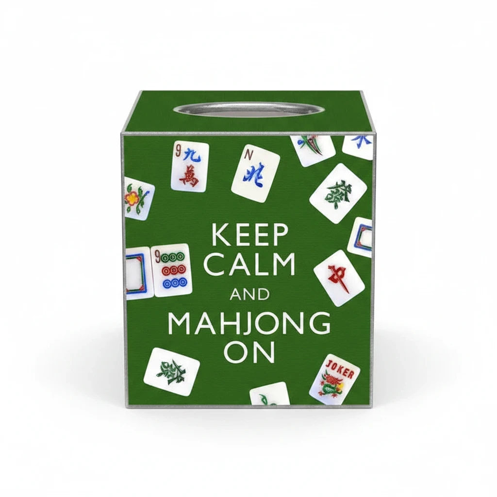 Mellow Monkey green papier mache tissue box cover featuring Keep Calm and Mahjong On text and mahjong tile graphics.