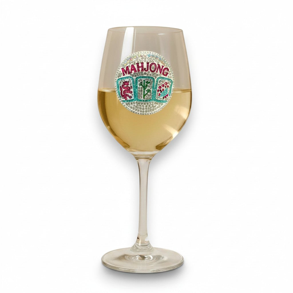 Mellow Monkey 19-oz stemmed wine glass featuring a decorative hand-crafted jeweled Mahjong tile design