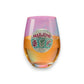 Mellow Monkey stemless wine glass featuring a hand-crafted jeweled Mahjong tile design on a glittery background.