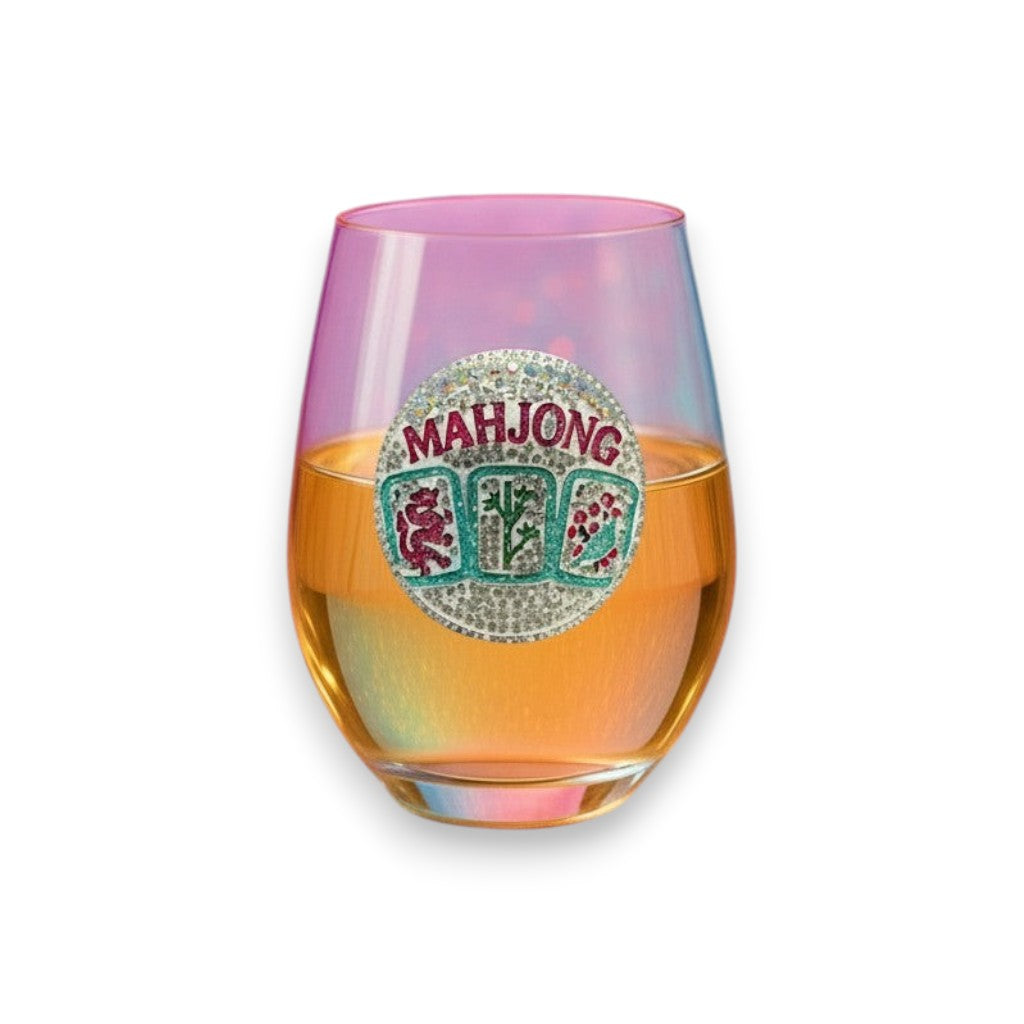 Mellow Monkey stemless wine glass featuring a hand-crafted jeweled Mahjong tile design on a glittery background.