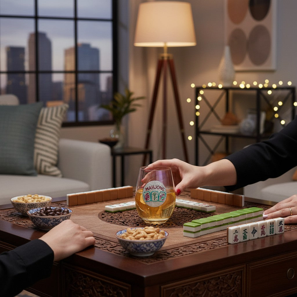 Mellow Monkey stemless wine glass with Mahjong tile design held by a person at a game table with snacks