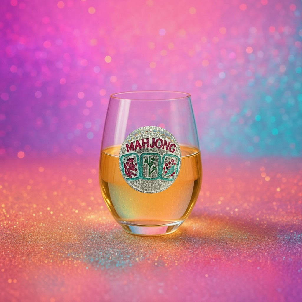 Mellow Monkey stemless wine glass featuring a handcrafted jeweled Mahjong tile design on a glittery background.