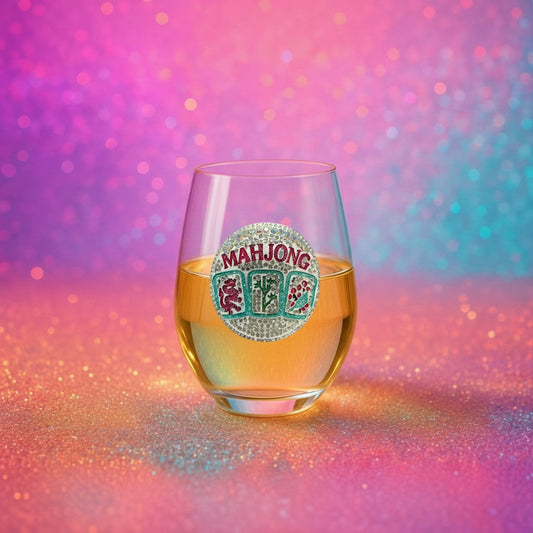 Mellow Monkey stemless wine glass featuring a handcrafted jeweled Mahjong tile design on a glittery background.