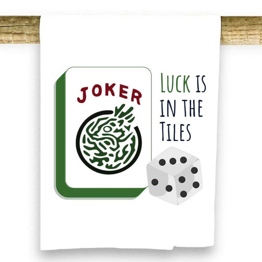 Mellow Monkey Luck Is In The Tiles Mahjong Joker towel, 100% cotton, features a joker tile and a die with text.