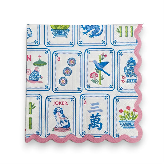 Mellow Monkey 3-ply paper cocktail napkins featuring a colorful Mahjong tile print and a decorative pink scalloped edge