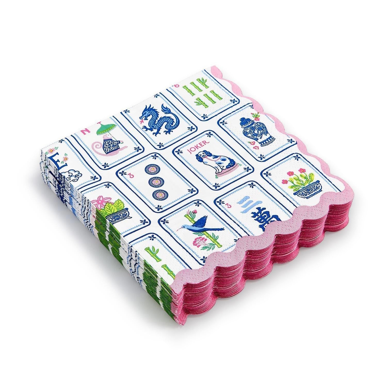 Mellow Monkey 3-ply paper cocktail napkins featuring a colorful Mahjong tile print and decorative scalloped edges.