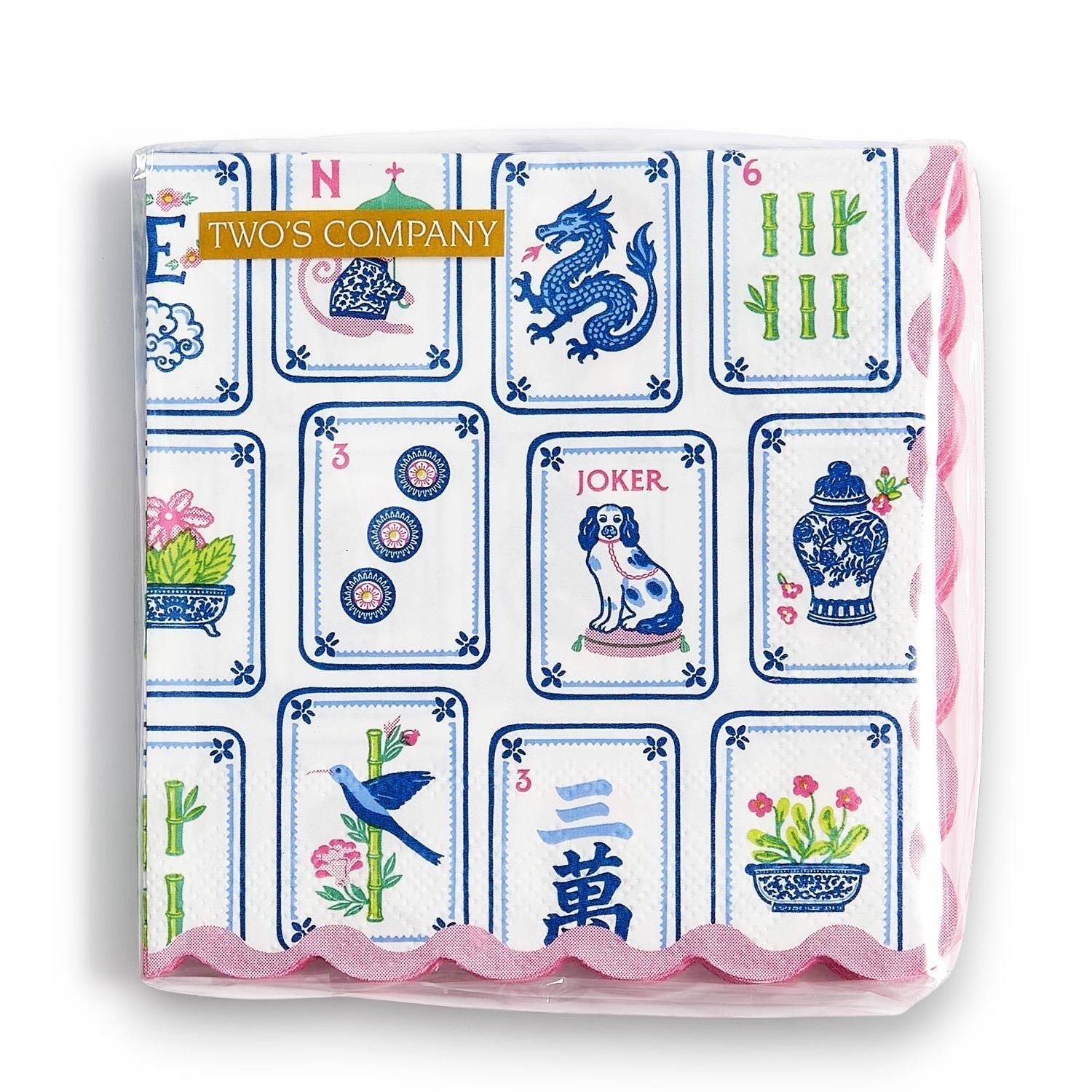 Mellow Monkey 3-ply paper cocktail napkins featuring a blue and white Mahjong tile print with pink scalloped edges.