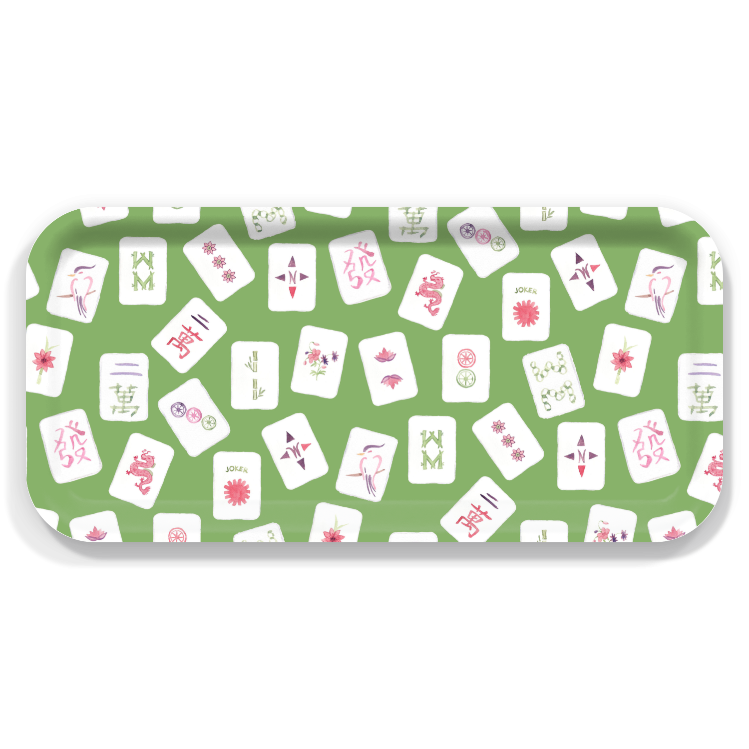 Mellow Monkey small rectangular serving tray featuring a whimsical Mahjong tile pattern on a vibrant green background.