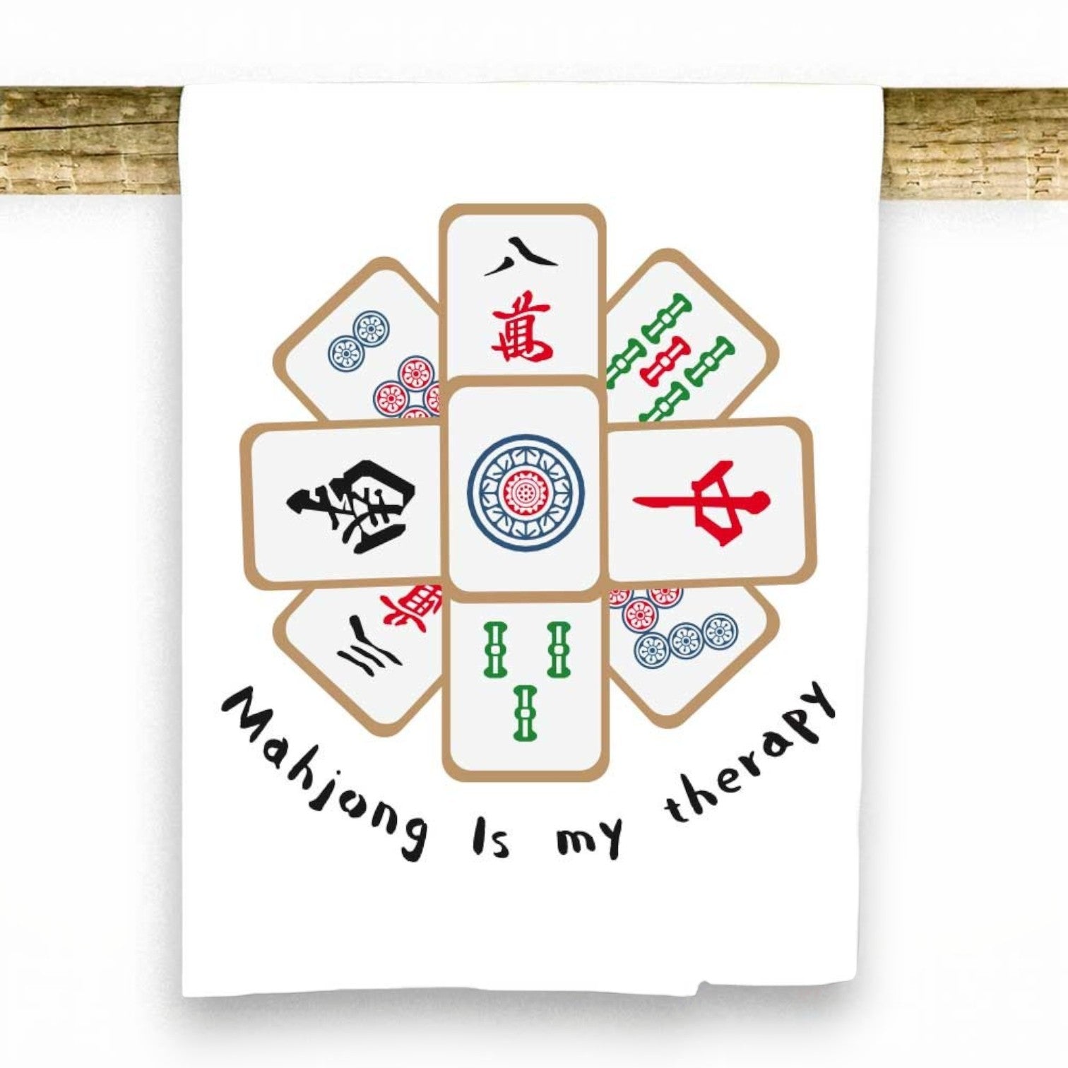 Mellow Monkey Mahjong Is My Therapy 100% cotton tea towel with colorful mahjong tiles and text.