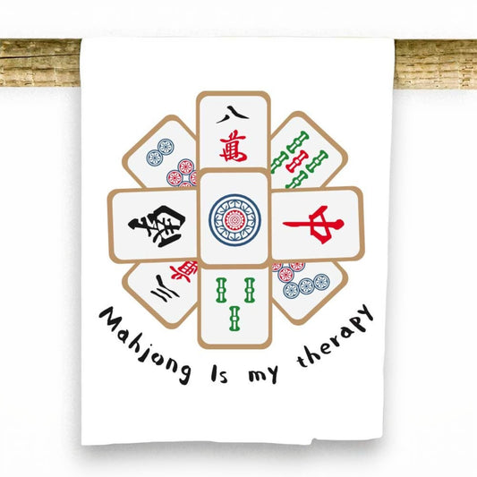 Mellow Monkey Mahjong Is My Therapy 100% cotton tea towel with colorful mahjong tiles and text.