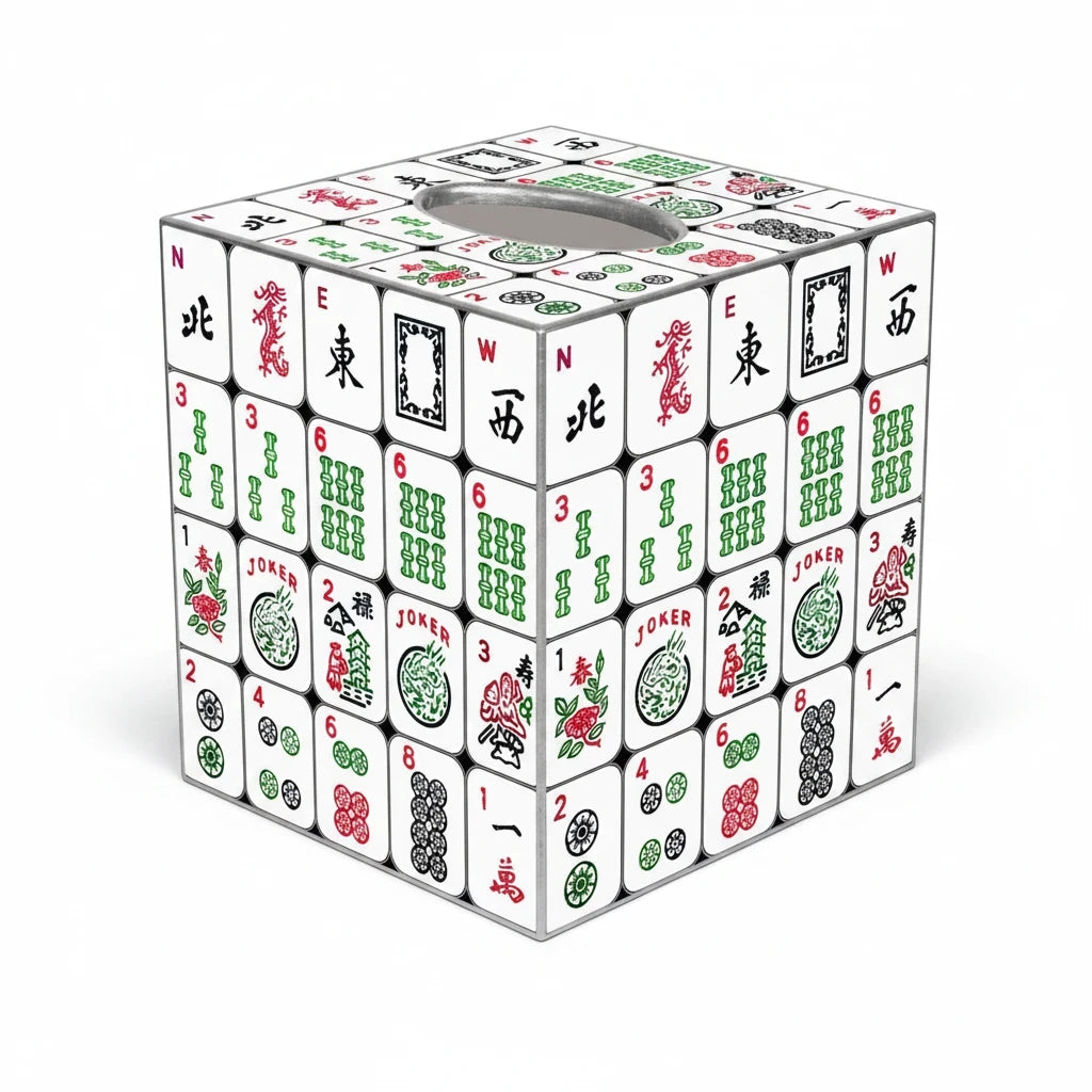 Mellow Monkey hand-painted paper mache tissue box cover featuring colorful mahjong tile artwork and silver edges.