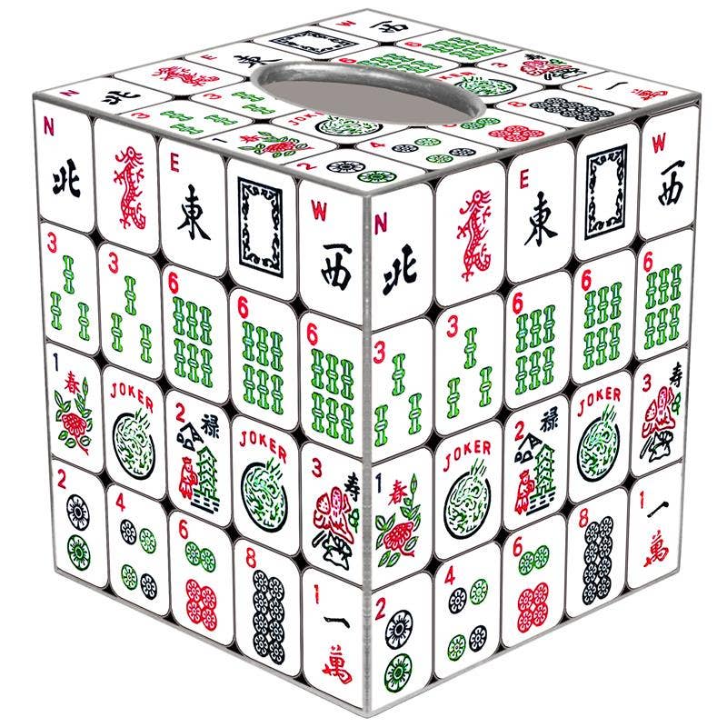 Mellow Monkey paper mache tissue box cover featuring colorful hand-painted mahjong tile artwork and silver edges.
