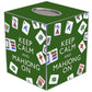 Mellow Monkey handmade papier mache tissue box cover featuring a green Mahjong tile print and Keep Calm text