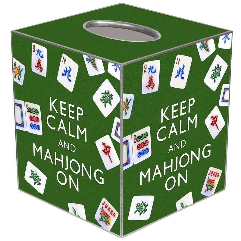 Mellow Monkey handmade papier mache tissue box cover featuring a green Mahjong tile print and Keep Calm text