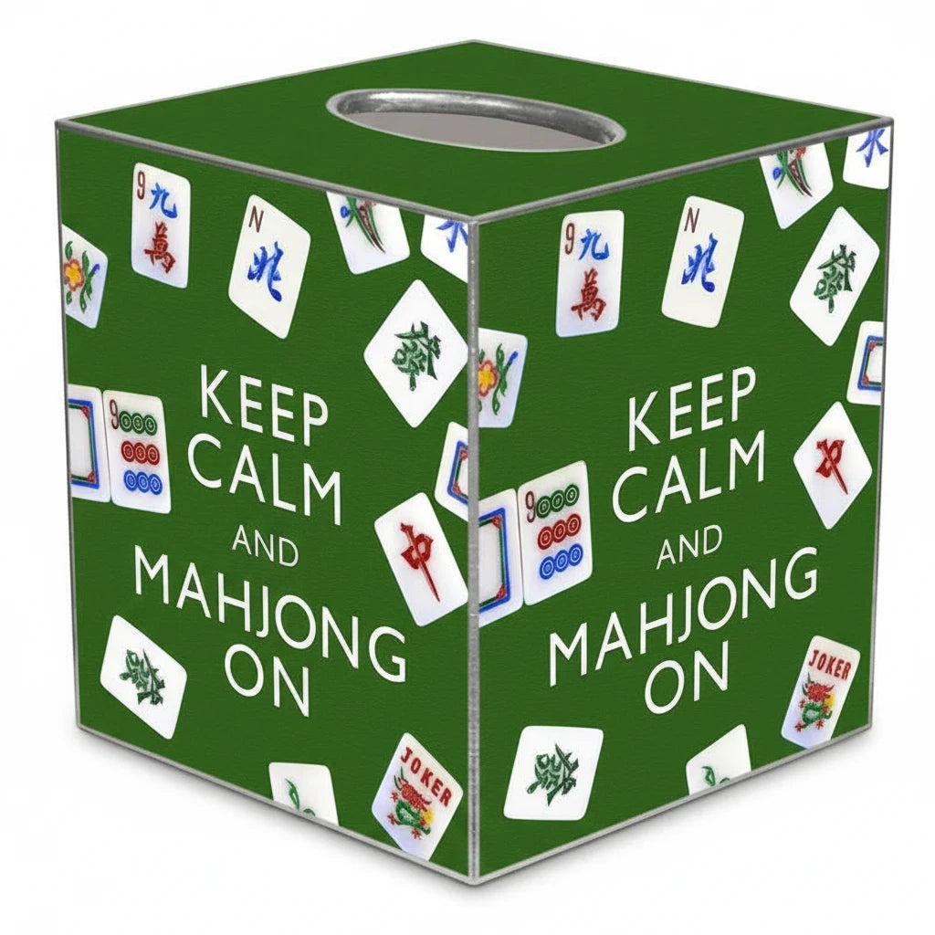 Mellow Monkey green papier mache tissue box cover featuring Keep Calm and Mahjong On text and mahjong tile patterns.