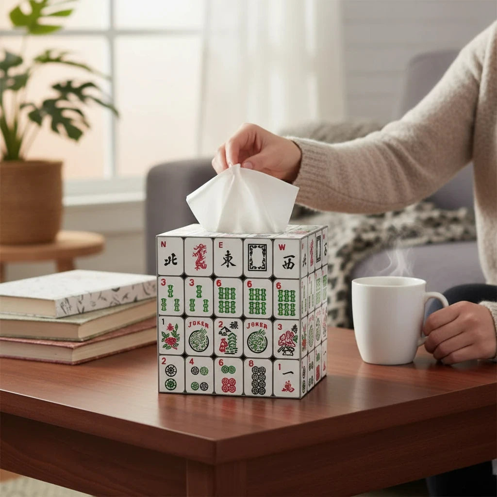 Mellow Monkey paper mache tissue box cover featuring colorful hand-painted mahjong tile artwork and silver edges.
