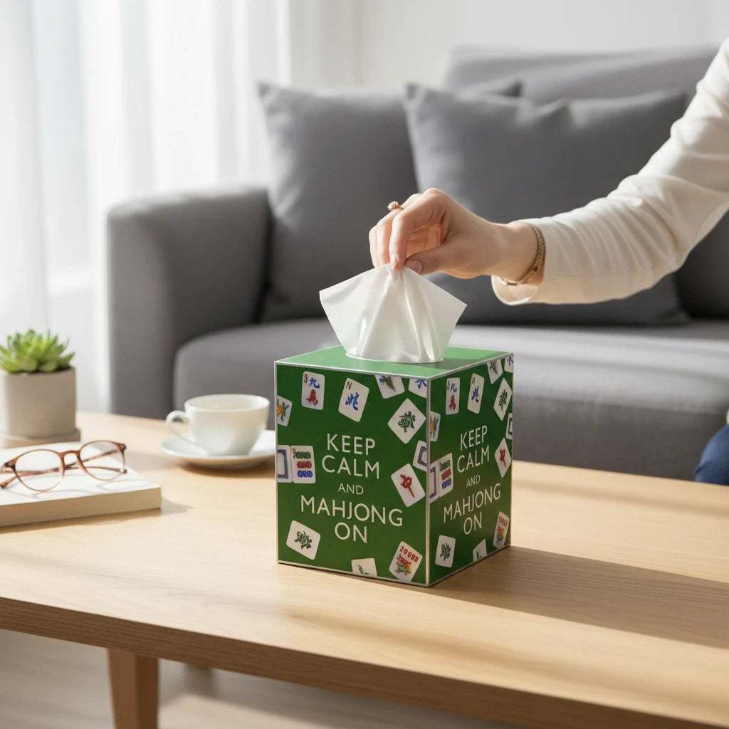 Mellow Monkey green papier mache tissue box cover with Mahjong tile pattern and Keep Calm and Mahjong On text
