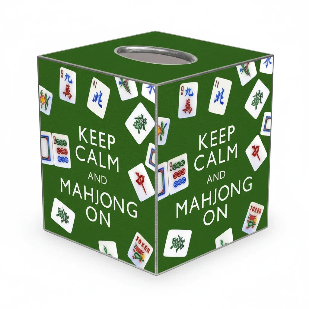 Mellow Monkey green papier mache tissue box cover featuring Keep Calm and Mahjong On text and mahjong tile patterns.