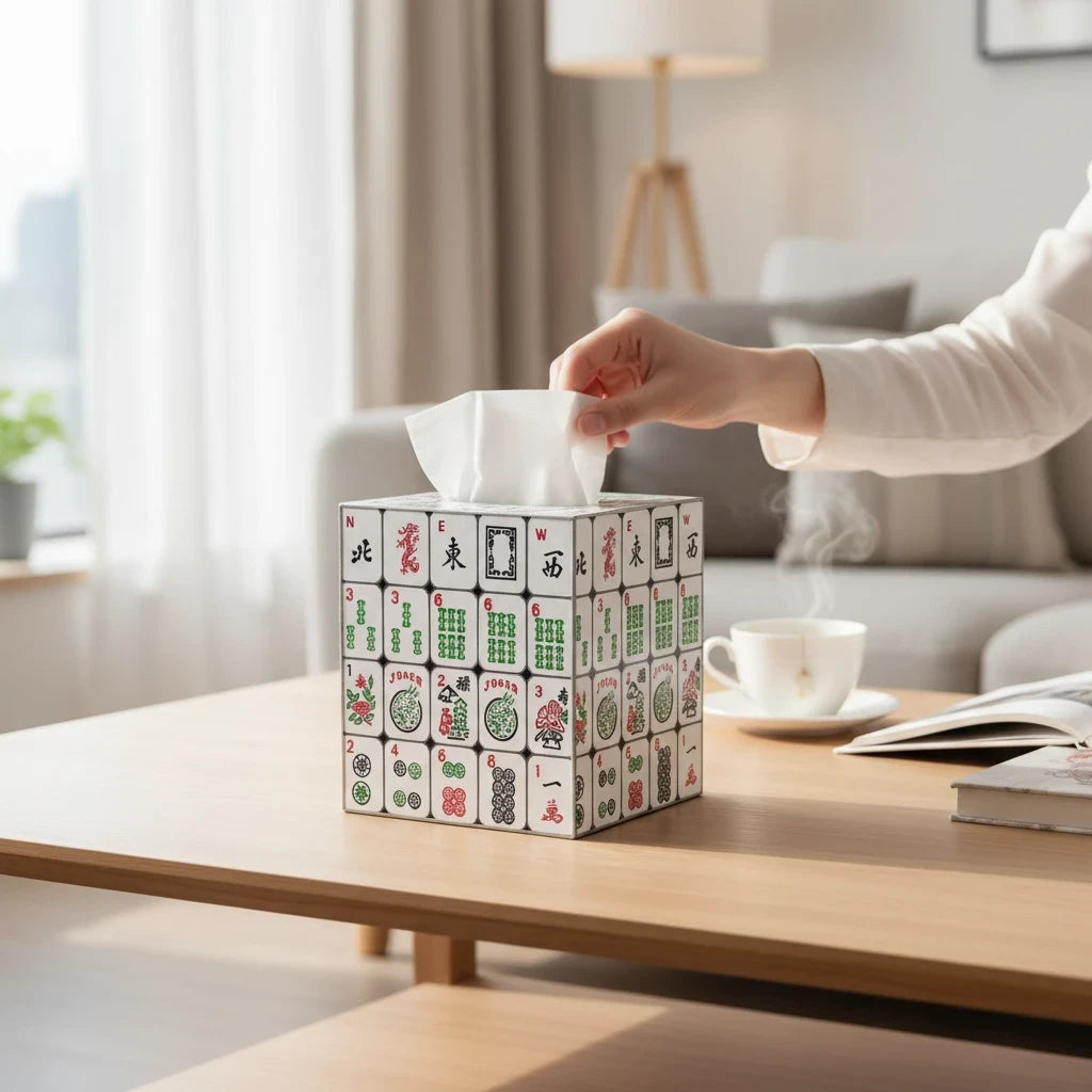 Mellow Monkey paper mache tissue box cover featuring colorful hand-painted mahjong tile artwork on a coffee table.
