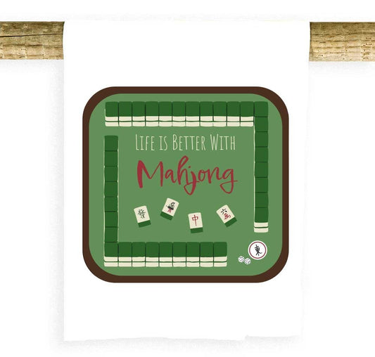 Mellow Monkey Life is Better with Mahjong tea towel, 100% cotton, 30"x30", features a green mahjong board with tiles and dice.