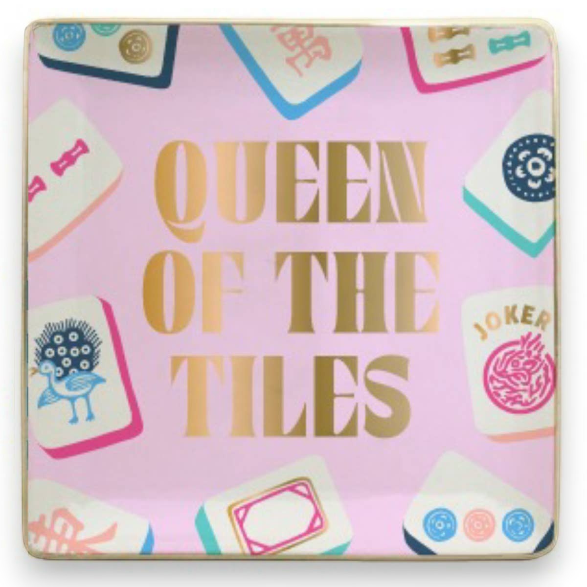 Mellow Monkey Queen of the Tiles ceramic trinket tray with mahjong tile designs and gold text.