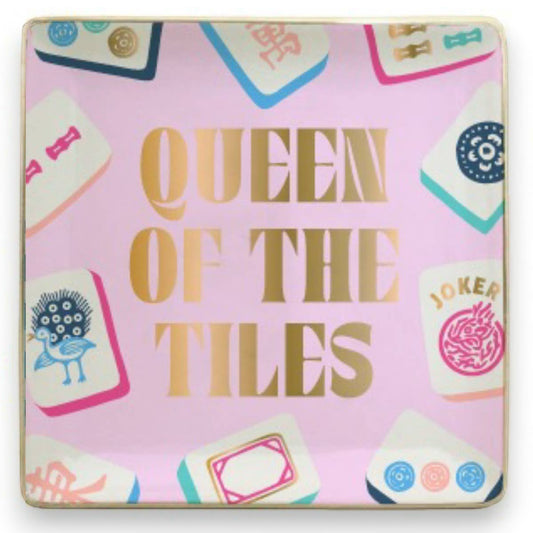 Mellow Monkey Queen of the Tiles ceramic trinket tray with mahjong tile designs and gold text.