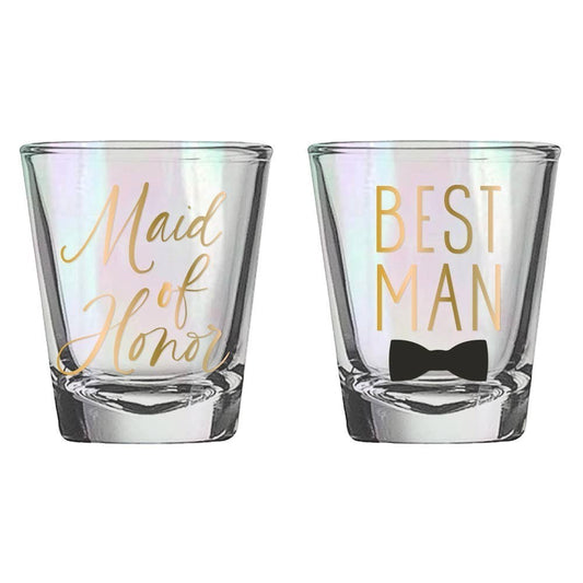 Mellow Monkey set of 2 iridescent shot glasses with gold lettering: "Maid of Honor" and "Best Man" with a bow tie.