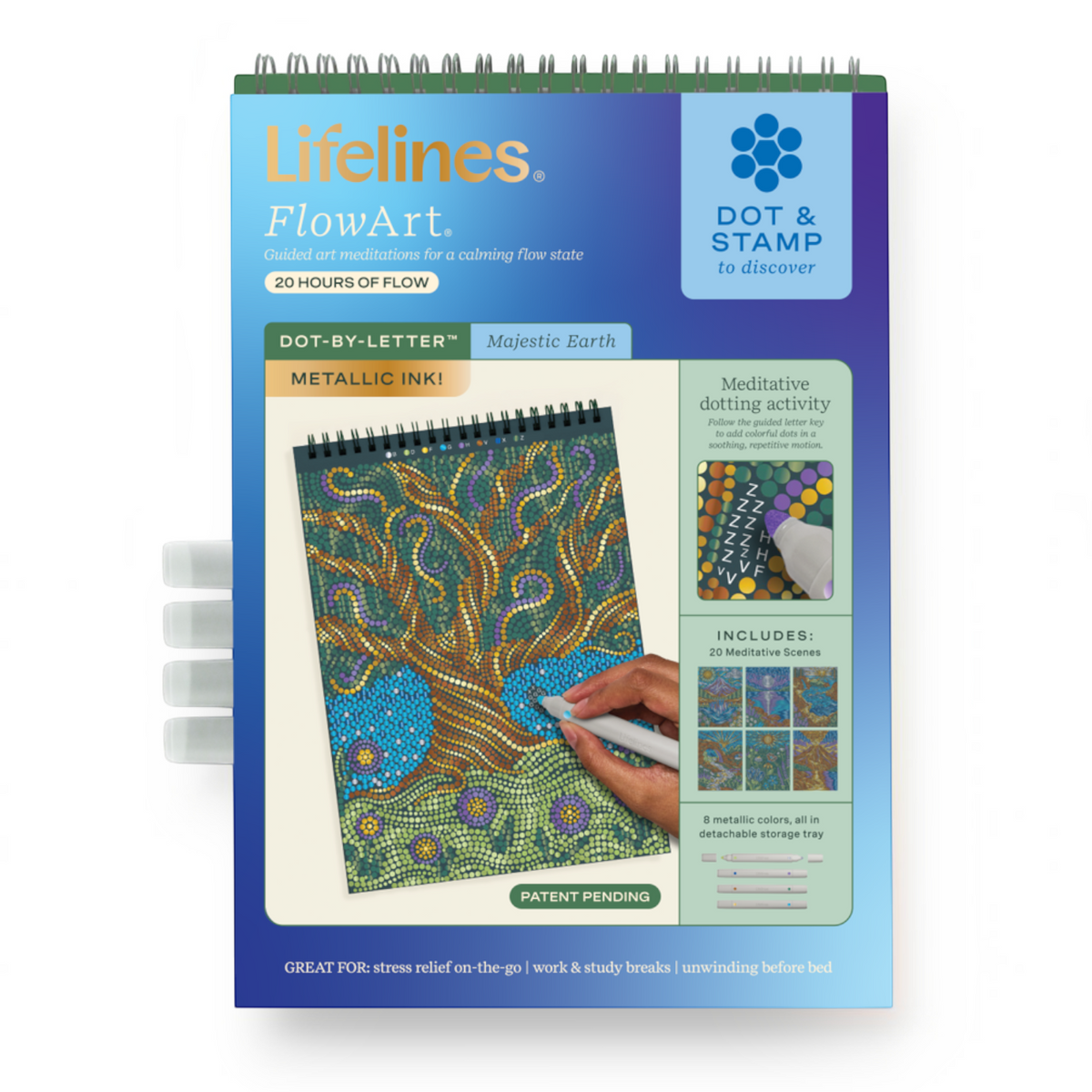 Mellow Monkey Majestic Earth FlowArt dot-by-letter kit with metallic markers for meditative stress-relief art.