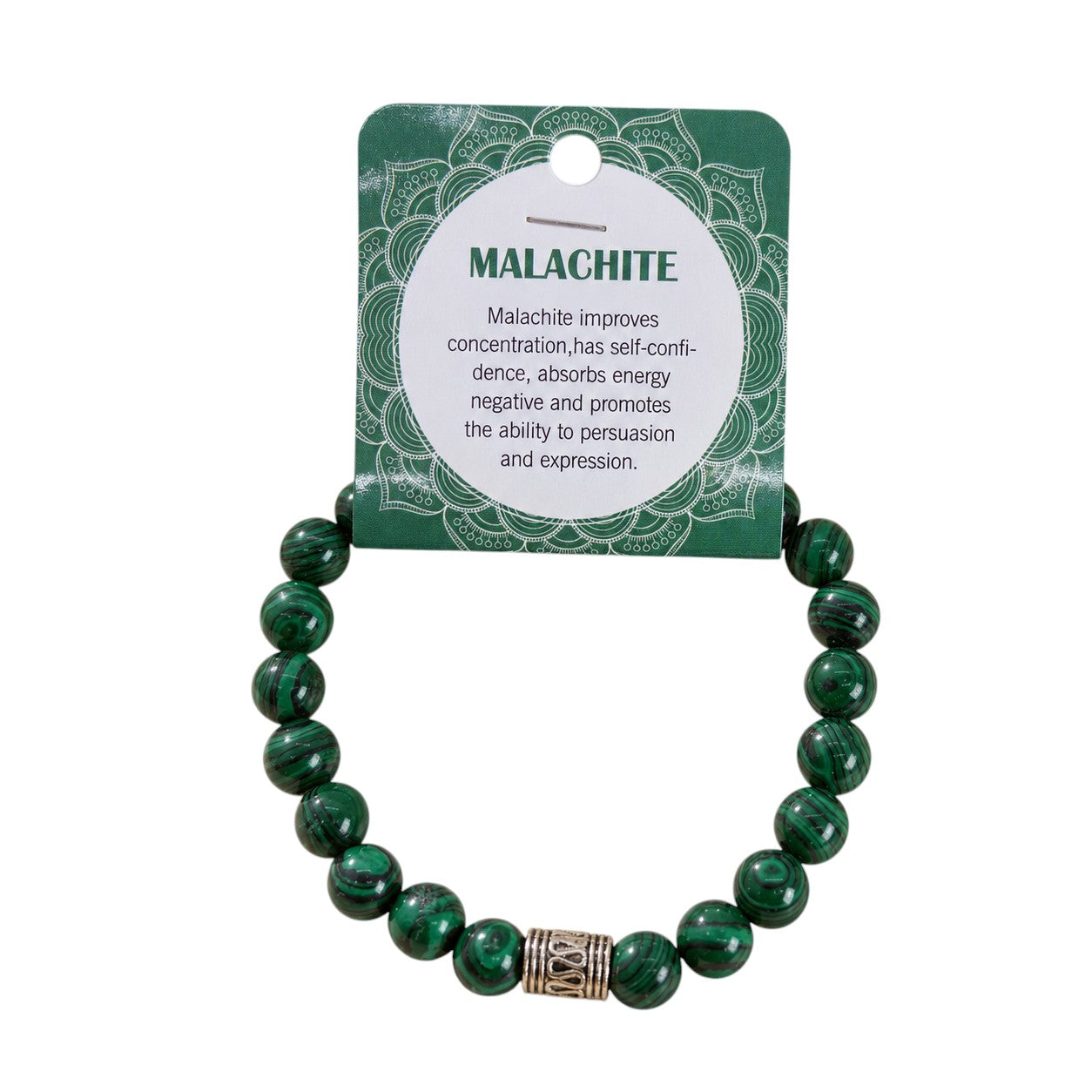 Mellow Monkey green malachite synthetic stone bead bracelet with silver accent bead and informational card