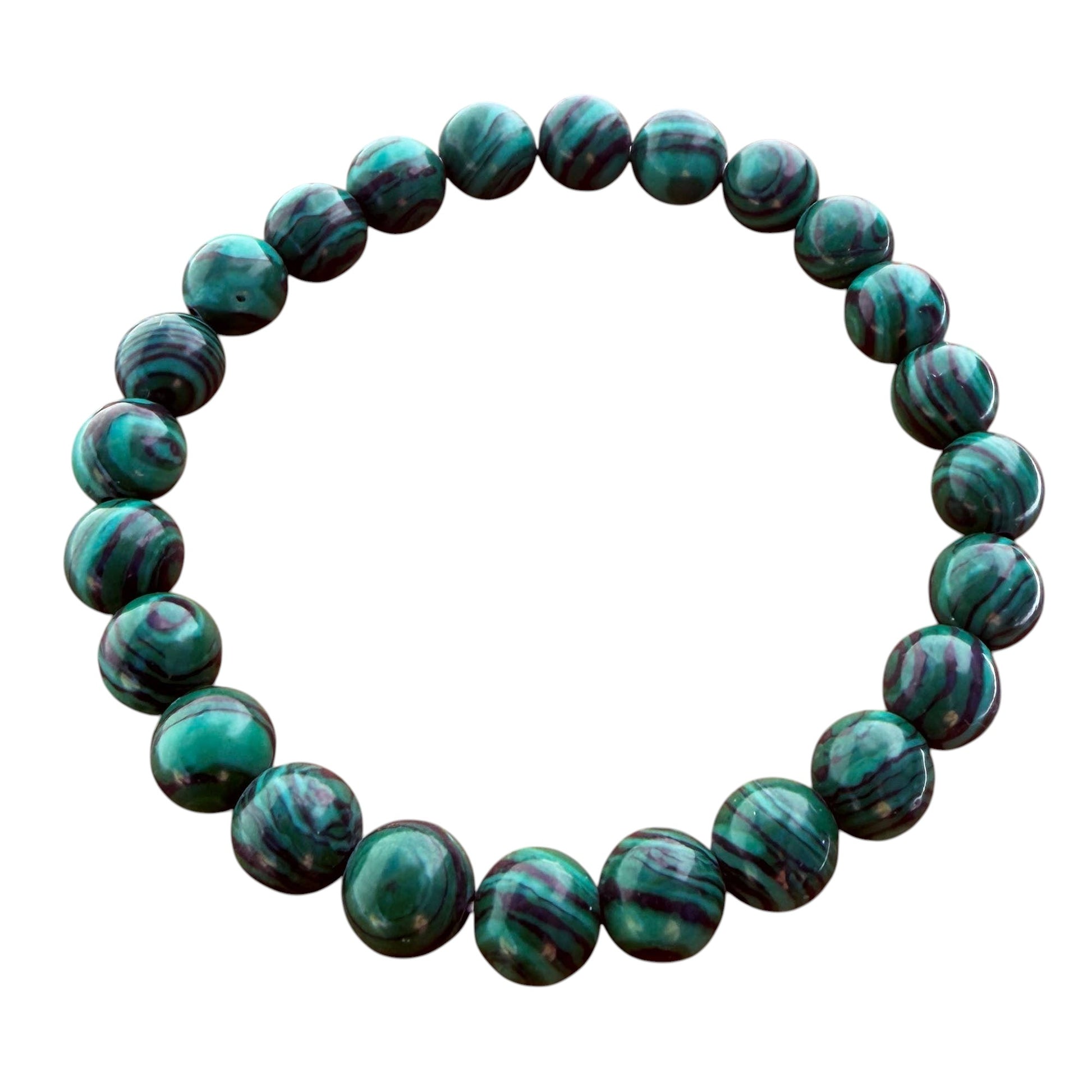 Mellow Monkey 8mm green malachite synthetic stone bead bracelet on a wooden surface