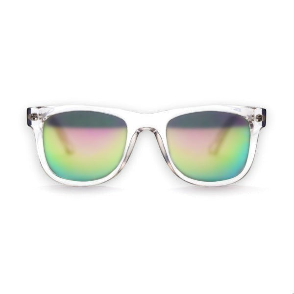 Mellow Monkey Malibu Kenneth clear frame sunglasses with iridescent UV protected lenses.