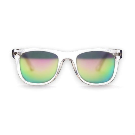 Mellow Monkey Malibu Kenneth clear frame sunglasses with iridescent UV protected lenses.