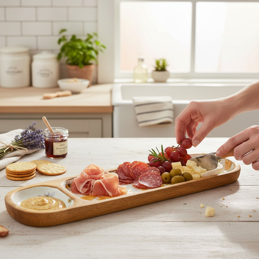 Mellow Monkey 16-inch sectioned mango wood tray filled with charcuterie, grapes, and cheese on a kitchen counter.