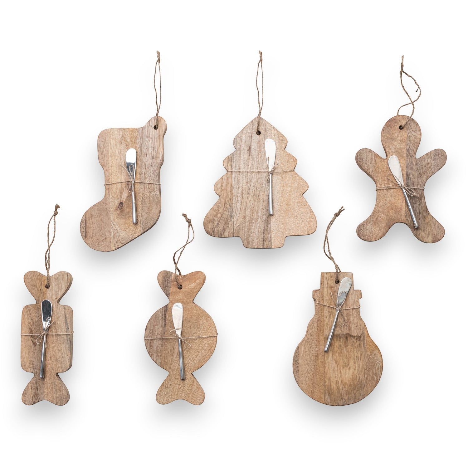 Mellow Monkey mango wood serving boards and canape knife sets in six festive holiday shapes tied with jute twine.