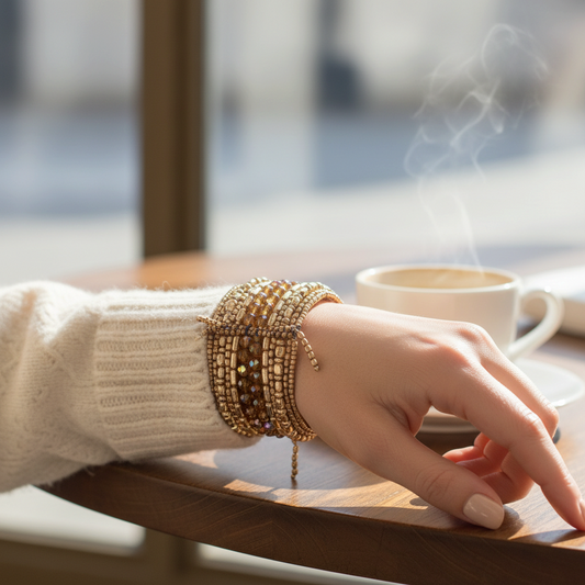 Mellow Monkey Mariah gold beaded cuff bracelet worn on a wrist with a cream sweater near a steaming coffee cup
