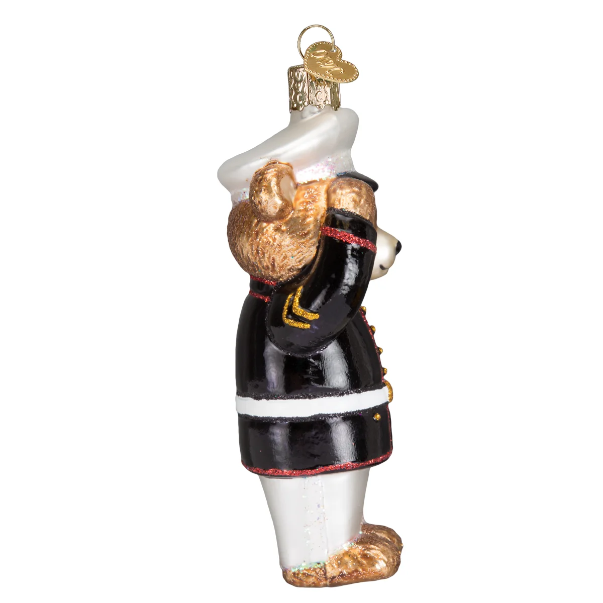 Mellow Monkey 5-inch blown glass Marine bear ornament in dress blues saluting, side view.