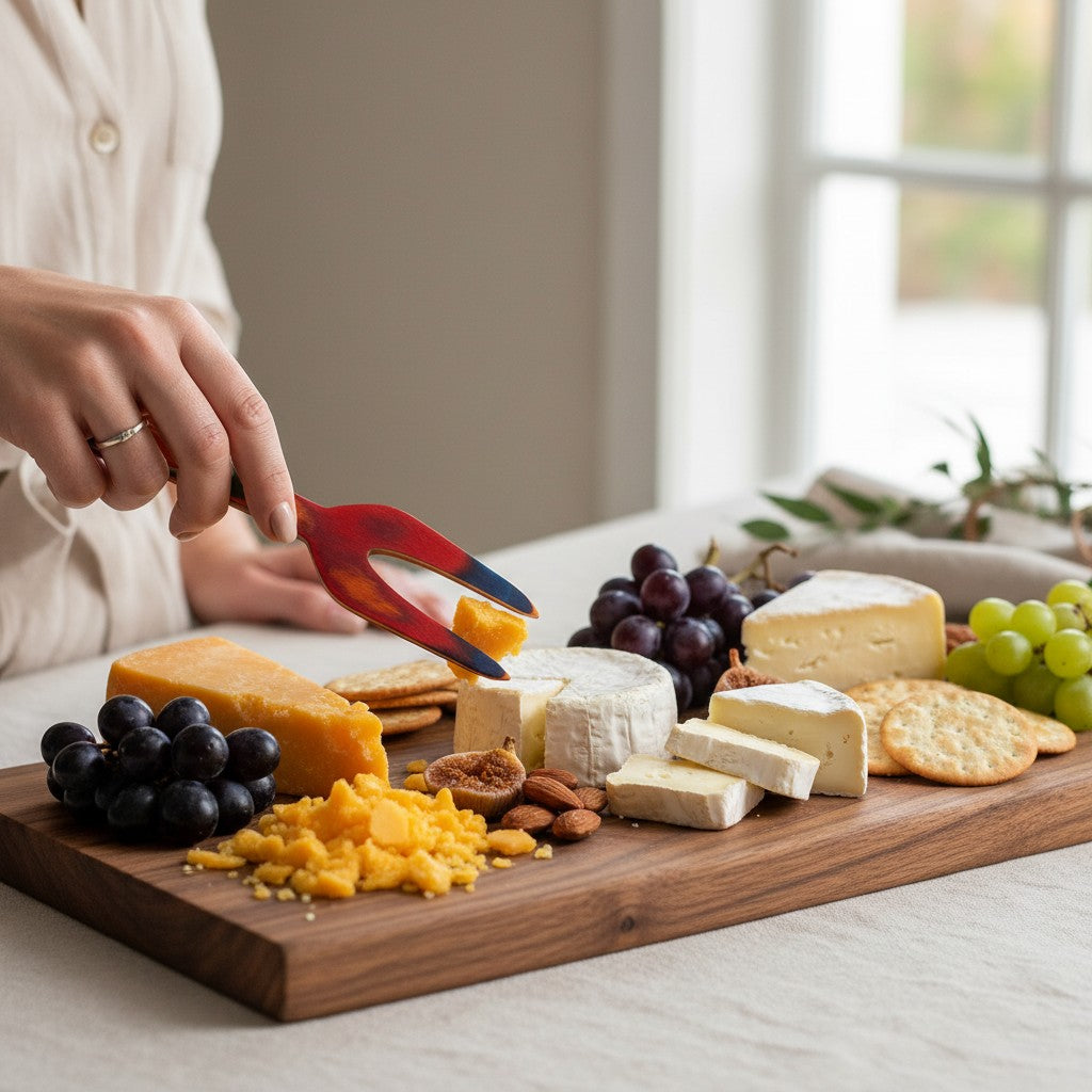 Mellow Monkey Marrakesh Collection 3-piece cheese tool set made of colorful birch wood. Includes spreader, fork, and knife.