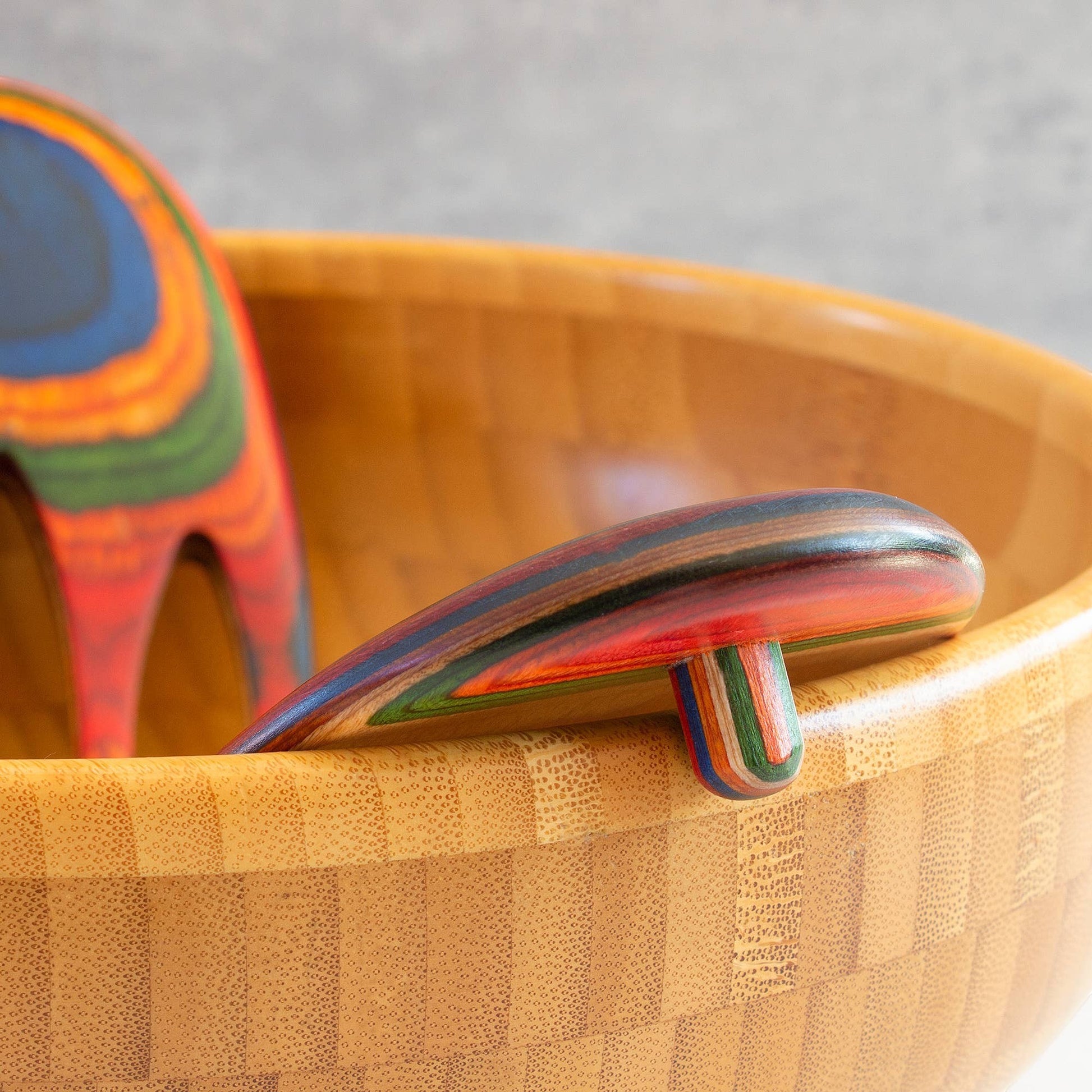 Mellow Monkey Marrakesh Salad Hands in rainbow wood, ergonomic hand shape for easy salad tossing.